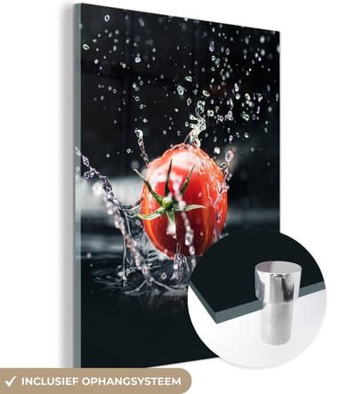 MuchoWow® Glasschilderij 120x160 cm - Schilderij acrylglas - Tomaat - Groente - Stilleven - Water - Rood - Foto op glas - Schilderijen