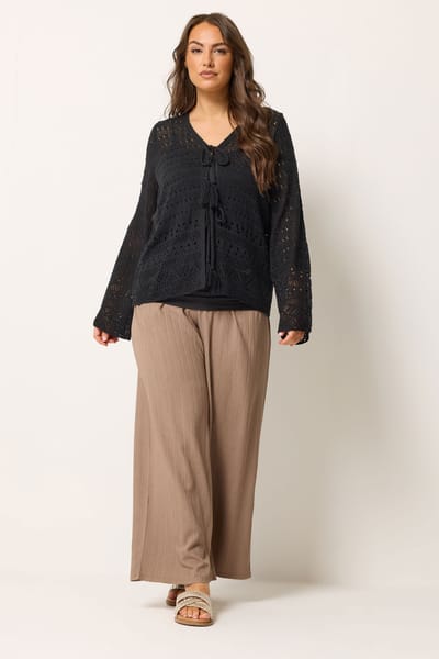 Yours Zwart Pointelle Gebreid Vest Met Strik Size 42-44