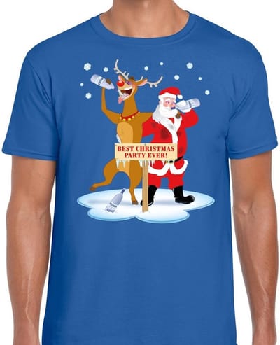 Bellatio Decorations Foute Kerst print t-shirt - dronken kerstman en rendier Rudolf - na kerstborrel - blauw - voor heren - kerstkleding - kersttrui S
