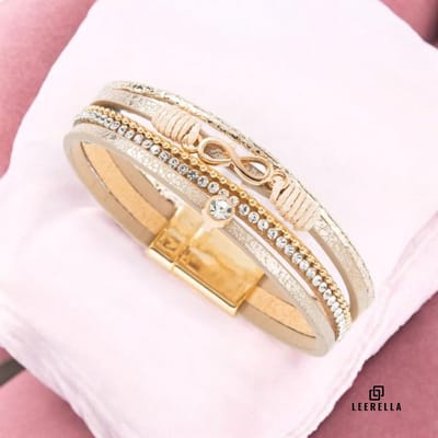 Leerella Stijlvolle Multi-Color Leather Infinity Armband - Goudkleur 19 cm