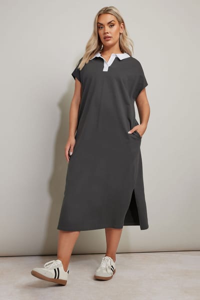 Yours Midaxijurk Van Katoen Met Open Kraag In Donkergrijs Size 46
