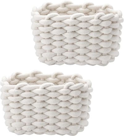Famanu – Dubbele opbergmanden - wikkelmand - kleine mand - gevlochten - mandje - opbergmand - zacht katoen - vierkant - badkamer - make-up - - rekmand - mini-mandje - witte mand (wit)