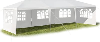 Opvouwbaar Paviljoen - Tuinpaviljoen Partytent - Buitenfeesten Organiseren - Afneembare Zijwanden - 9 x 3 Meter - Wit