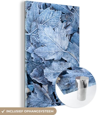 MuchoWow® Glasschilderij 120x180 cm - Schilderij acrylglas - Winter - Bladeren - IJs - Seizoenen - Foto op glas - Schilderijen