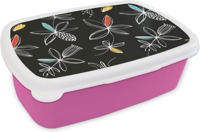 Broodtrommel Roze - Lunchbox - Brooddoos - Bloemen - Line Art - Patronen - 18x12x6 cm - Kinderen - Meisje