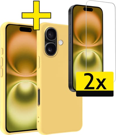 Hoesje - Met 2x Screenprotector - Geschikt voor Apple iPhone 16 - Sterk & Shockproof - Back Cover - Siliconen Case - Telefoon Hoes - Telefoonhoesjes - Geel