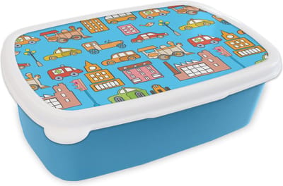 Broodtrommel Blauw - Lunchbox - Brooddoos - Patronen - Auto - Huis - 18x12x6 cm - Kinderen - Jongen