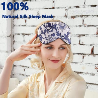 Zijden Slaapmasker - Oogmasker Blinddoek - Diepe Rust - Verstelbare Hoofdband - 21 x 10 cm - Blauw Wit