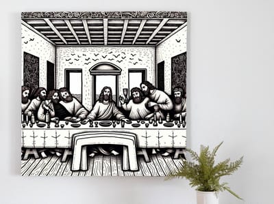 Doodle laatste avondmaal schilderij | Magische ontmoeting: Doodle's unieke interpretatie van het Laatste Avondmaal | Kunst - 30x30 centimeter op Dibond | Foto op Dibond