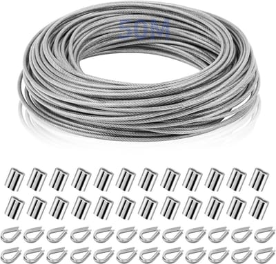 RVS Draadkabel 2 mm, 50 Meter, Zichtbaar/Ommanteld Staalkabel Compleet met Kousen en Krimphulzen