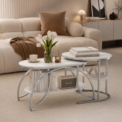 Salontafel set van 2 - en Metaal - Bijzettafel met 4 Niveaus - Voor Woonkamer, Slaapkamer - 80/52cm - Wit Marmer - Industrieel Design - Wit Metalen Frame