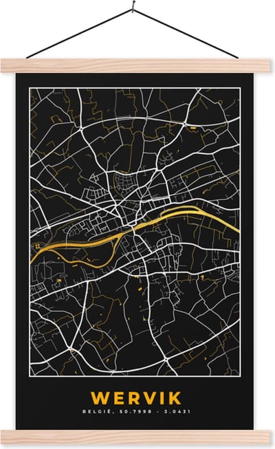 Posterhanger incl. Poster 40x60 cm - Schoolplaat - Wervik - Plattegrond - Kaart - Goud - Stadskaart - Textielposter - Blanke latten - Stadskaart