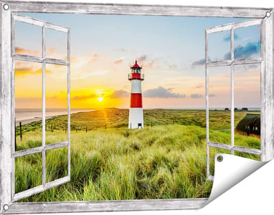 Gards Tuinposter Doorkijk Vuurtoren met Zonsopgang op een Eiland - 90x60 cm - Tuindoek - Tuindecoratie - Wanddecoratie buiten - Tuinschilderij