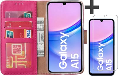 Hoesje met Screenprotector Geschikt voor Samsung Galaxy A15 – Arara bookcase met pasjeshouder - Roze