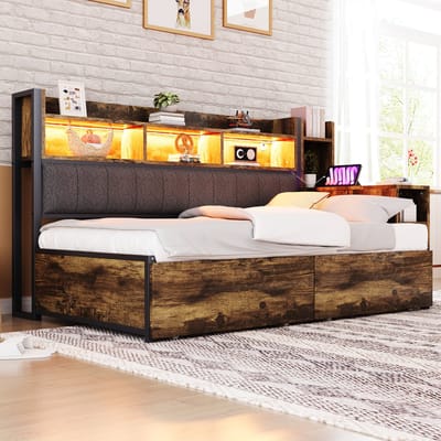 DESMIU Multifunctioneel Bed 90 x 200 cm Zonder Matras – Bed Met Uittrekbaar Bureau – Slimme Opbergruimte Met Lades – Voor Slaapkamer En Werkkamer – Metaal En Hout – Natuurhout