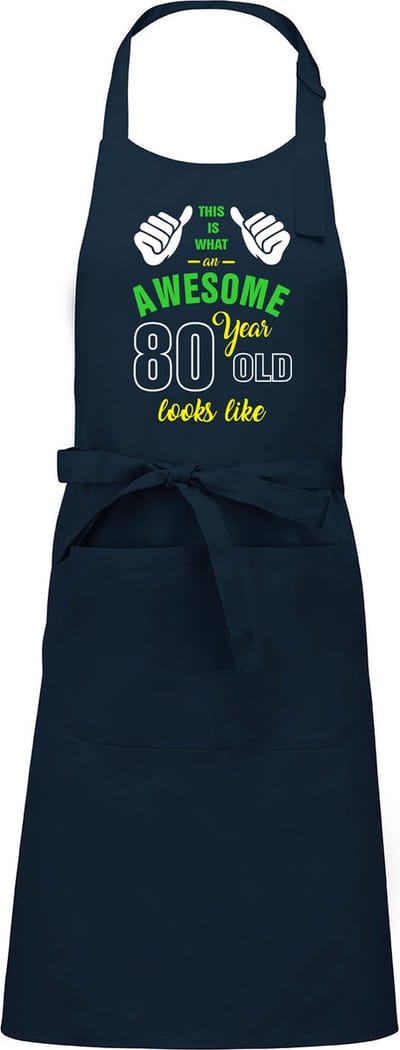 Leeftijd cadeau - Luxe keukenschort - BBQ schort - verjaardag - Awesome 80 jaar - navy blauw