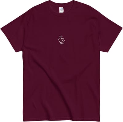 Dames en Heren T Shirt met Minimalistisch Ik hou van Jezus Symbool - Hartje Kruisje - Bordeaux Rood - S