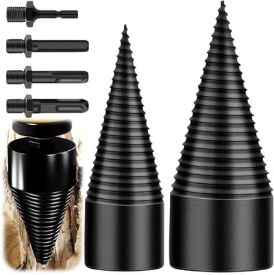 Allecto Plus - Boorkegel voor houtsplijter - 45 mm en 32 mm - 4 stuks boorgrepen - Schroefkegel - Kegelsplijter - Kloofhoutkegel - Houtsplijtboor met kegelboor - Trappenboor - Stalen kegelboor