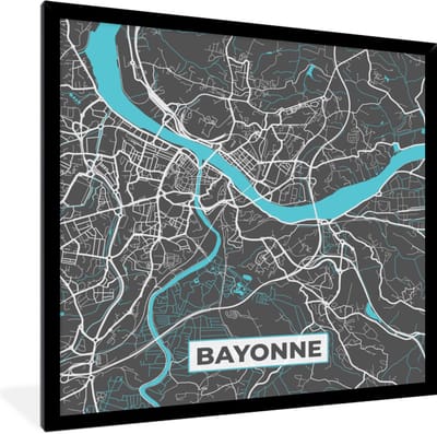 Fotolijst incl. Poster - Bayonne - Frankrijk - Plattegrond - Stadskaart - Kaart - 40x40 cm - Posterlijst