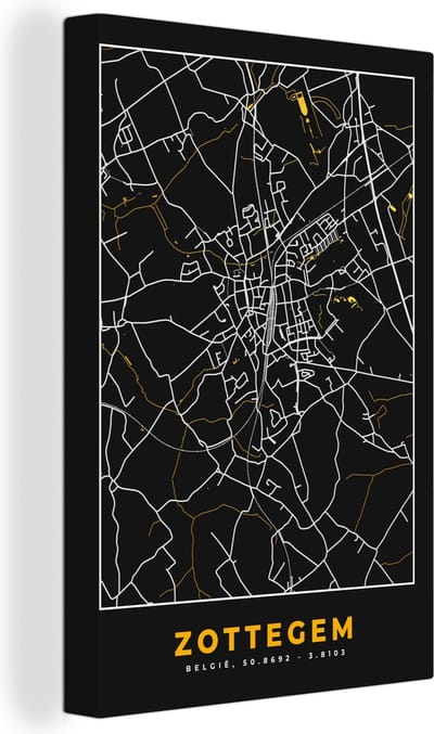 Canvas Schilderij Kaart - Goud - Plattegrond - Zottegem - Stadskaart - 20x30 cm - Wanddecoratie