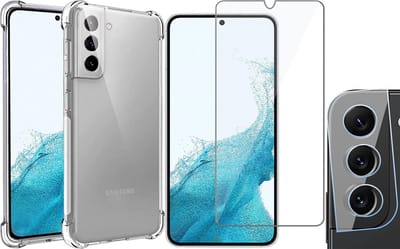 Hoesje geschikt voor Samsung Galaxy S22 - Anti Shock Proof Siliconen Back Cover Case Hoes Transparant - Tempered Glass Screenprotector - Camera Lens Protector