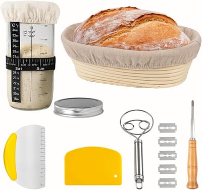 Rijsmand Starterset - Broodbakset - Zuurdesem Brood Maken - Compleet met accessoires - 25 cm Ovaal - Natuurlijk Rotan