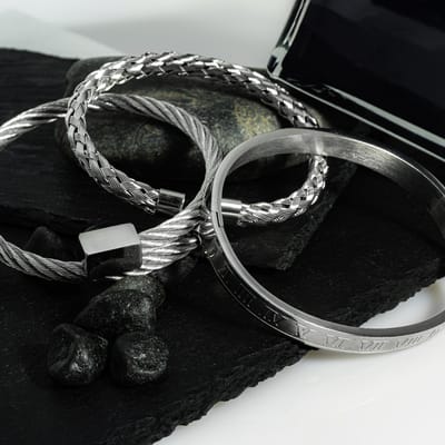 OZ JEWELS Heren Armbandenset - 3 Stuks Zilverkleurig Roestvrij Staal met Romeinse Cijfers en Gevlochten Ontwerpen
