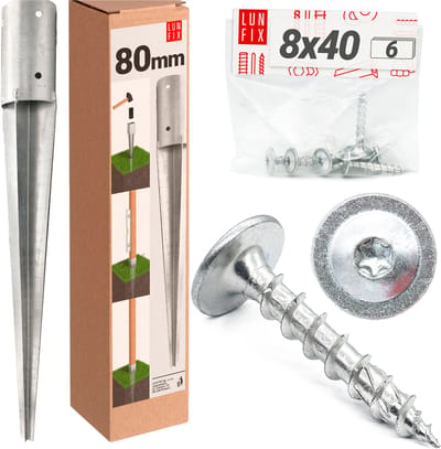 LUN FIX - Bodeminslaghuls Ø80 mm - 6 schroeven - Platte kop 8×40 mm - Verzinkt staal - Paalhouder