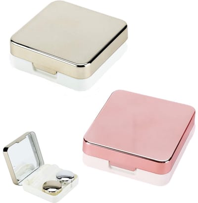 JHUBERS- Reiscontactlenzenetui - 2 Mini Sets - Met Spiegel - Contactlenzenhouder - L/R Doppen - Roze/Zilver - Compact Formaat 6,3 x 6,3 x 2,2 cm - Lenzenetui