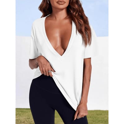 Dames Zomer Diepe V-hals T-shirt Korte Mouw Losse Pasvorm Basic T-shirt S wit
