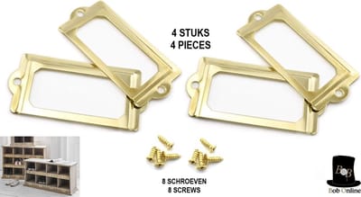 Bob Online™ - 4 Stuks – Goud Kleurig – Metaal Label Houders – Labelhouders – Metalen Label Houders – Meubel Labelhouders – 4 Pcs – Gold Color – Metal Label Holders – Furniture Label Holders