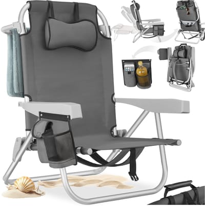 tectake® Strandstoel Coral - Opvouwbare Campingstoel met Koeltas en Opbergtas - 5-voudig Verstelbare Rugleuning met Hoofdkussen - Brede Armleuningen met Bekerhouder / Telefoonhouder - Inklapbare Kampeerstoel - Grijs