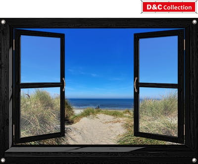 D&C Collection - tuinposter - 90x65 cm - doorkijk - Openslaand venster zwart - luxe uitvoering - duinovergang naar strand - schuttingposter - tuindoek - tuindecoratie