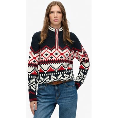 Superdry Intarsia Trui met Halve Rits Blauw Grootte: 40