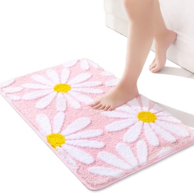 Famanu – Set van 1 stuk badkamermat met bloemenprint antislip zacht absorberend 40 x 60 cm roze