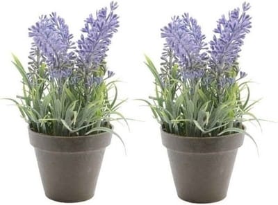 Bellatio Kunstplant - 2x stuks - lavendel - paars - 17 cm - in pot - lavandula - Kunstplanten/nepplanten