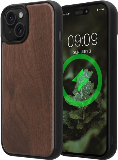 kwmobile Echt Houten Beschermhoes voor Apple iPhone 15 – Hout & TPU Cover – donkerbruin walnoothout
