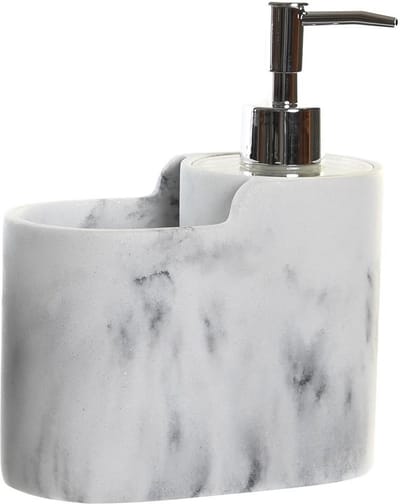 ITEM Zeeppompje met keuken organizer - marmer look - 2 vakken - wit/zilver - polyresin - 15x8x18 cm