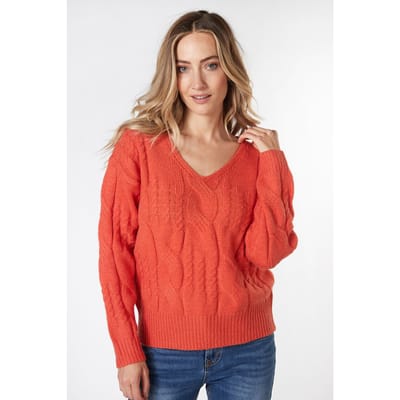 EsQualo Sweater Cables V-neck Red Clay Maat: S | Sweaters Outlet | Dames | Oranje