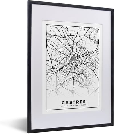 Fotolijst incl. Poster Zwart Wit- Frankrijk - Kaart - Castres - Plattegrond - Stadskaart - Zwart wit - 30x40 cm - Posterlijst