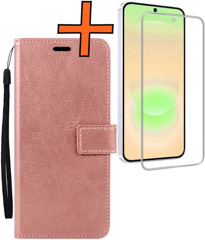 Hoes - Met Screenprotector - Geschikt voor Samsung Galaxy A37 - Luxe Pasjeshouder - Bookcase Portemonee - Flip Case - Kunstleer Book Case - Flipcase - Book Cover - Walletcase - PortemonneeHoes - Rosé goud