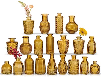 Dailygoods- Bud Vaas Set van 20 - Amberkleurig Glas - Vintage Fles voor Bloemstukken - Bruiloft Tafeldecoratie - Woondecoratie - Elegante Patronen - Bloemenvase