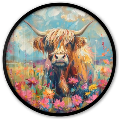 Poster in lijst Rond - Fotolijst 40x40 cm - Posters - Schotse hooglander - Natuur - Kleurrijk - Bloemen - Ronde posterlijst zwart - Decoratie - Wanddecoratie woonkamer - Muurdecoratie slaapkamer
