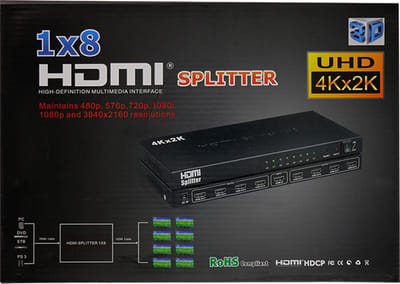 Eisenz HDMI Splitter 1×8 – 4K × 2K Ultra HD Verdeler | Ondersteunt 1080p, HDR & 3D | Gelijktijdig naar 8 Schermen