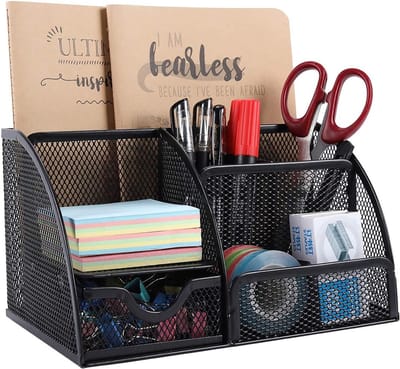 Famanu - Bureau-organizer met lade en antislip pads, 5 vakken, stijlvol zwart design