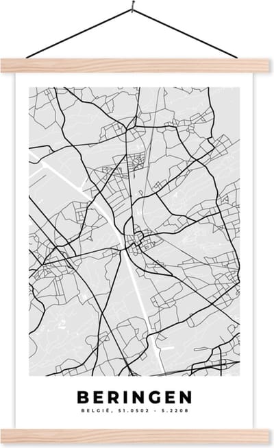 Posterhanger incl. Poster 40x60 cm - Schoolplaat - Zwart Wit – België – Plattegrond – Stadskaart – Kaart – Beringen - Textielposter - Blanke latten - Stadskaart