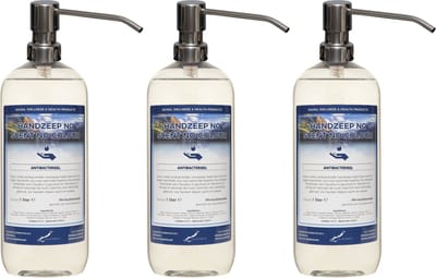 Handzeep No Scent No Colour 1 liter - set van 3 stuks - met gratis RVS zilverkleurige pomp - Voordeelverpakking