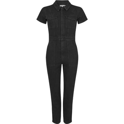 Good American Dames/Dames Denim Verstelbare Taille Jumpsuit met Korte Mouwen (Zwart)
