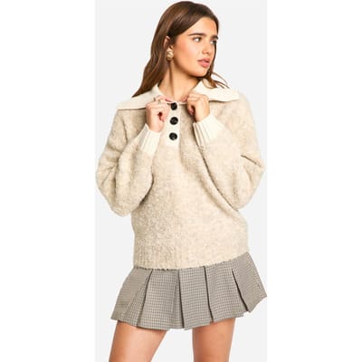 boohoo Dames Gebreide oversized trui met geribde kraag en knoopsluiting | Oatmeal | Maat: Small