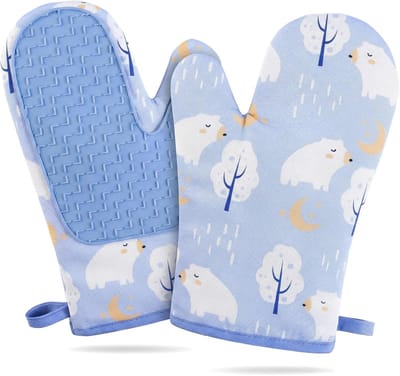 Ovenwanten - Hittebestendig tot 230°C - Antislip Siliconen & Katoen - Met Ophanglus - Geschikt voor Koken, Barbecue en Bakken - 2 Stuks - 27x18 cm - Blauw